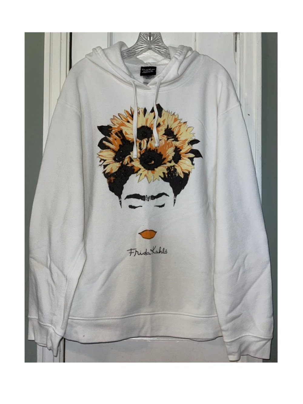 Frida Kahlo White Hoodie with Sunflower Graphic